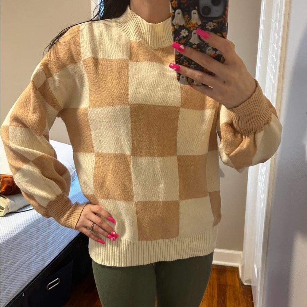 Amazon Tan and Cream Checkered Turtleneck Sweater